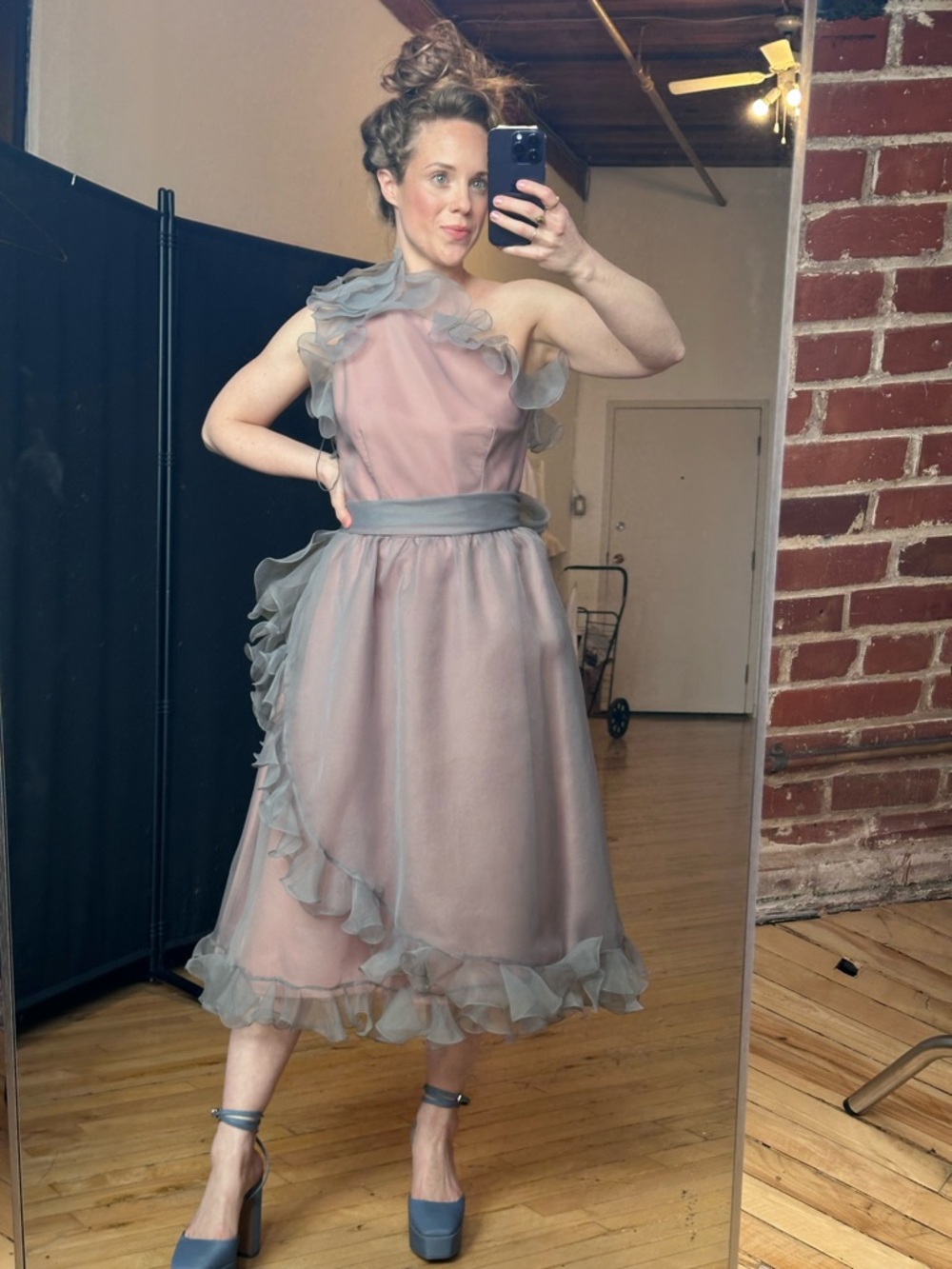 Sheer Ruffle Midi Dress in Dusty Rose and Gray
